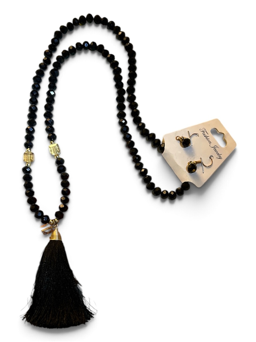 Black Glass Beaded Tassel Necklace with Matching Earrings - Fashion Jewelry